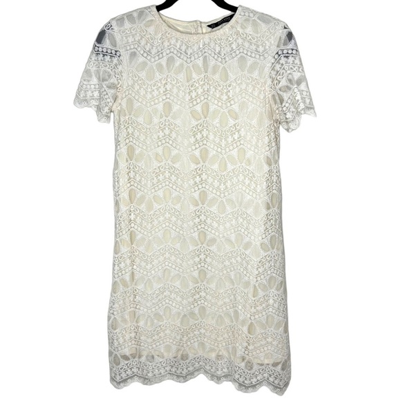 ZARA Womens Cream Lace Short Sleeve Shift Dress - Picture 2 of 11